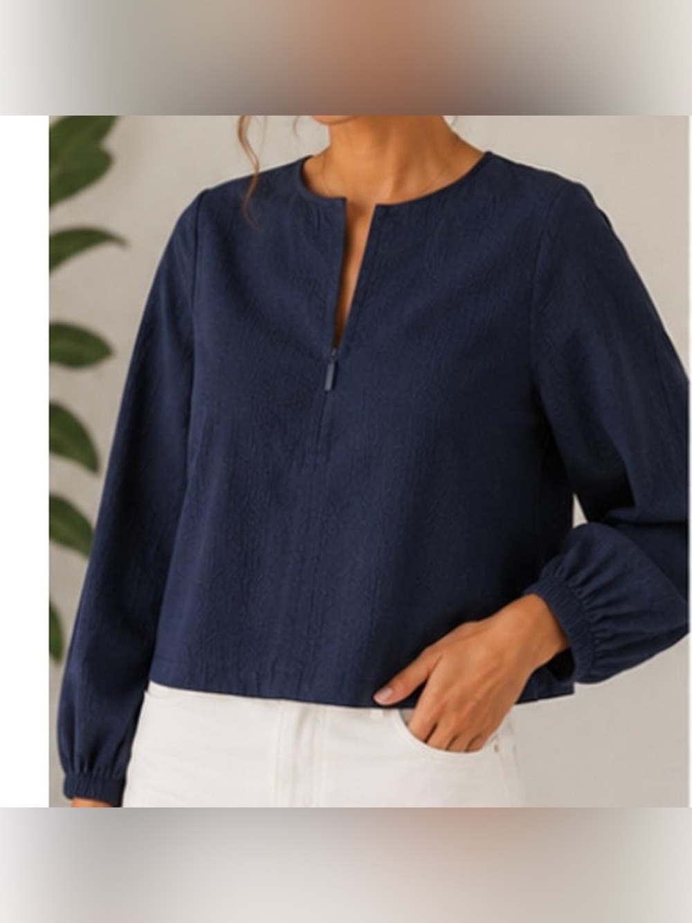 43. Tibi Navy Notch-Neck Textured Long Sleeve Top -PTP 21”